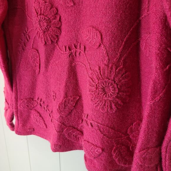 Talbots Petite wool cardigan womens SP Pink Boiled wool floral appliqué Button - Picture 7 of 10